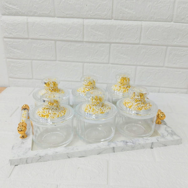 Di0152 Rishabh Super Rado Multipurpose 6 Jar Set with Marble-Look Tray & Golden Handles