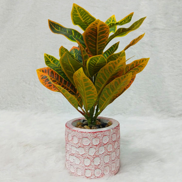 AM6237 Vibrant Croton Plant in Rustic Patterned Pot – Lifelike Decorative Greenery