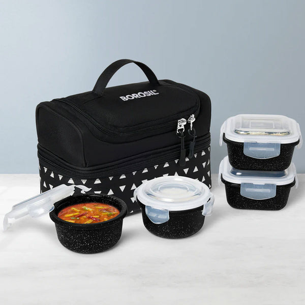 AM6191 Borosil Kube Black Universal Glass Lunchbox, 320ml x 2 + 240ml x 2
