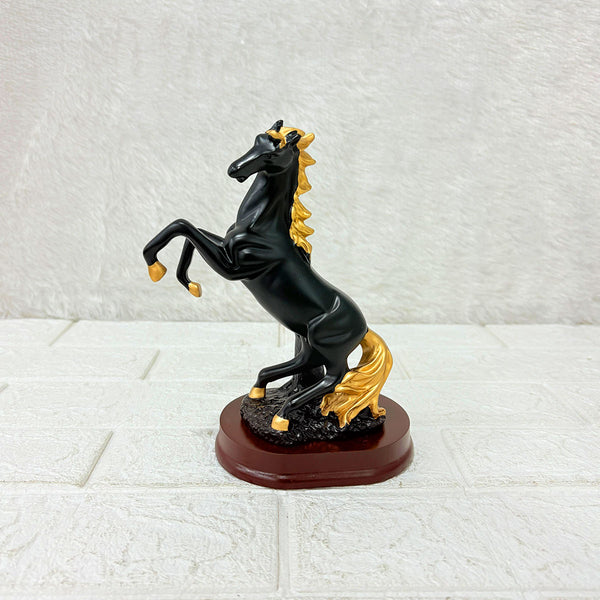 AM6410 Black and Gold Rearing Horse Showpiece on Wooden Base - Small Size