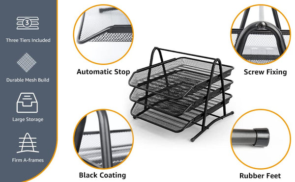 3372 Metal Mesh 3 Tier Paper Tray Organizer for Desk Stackable File Rack