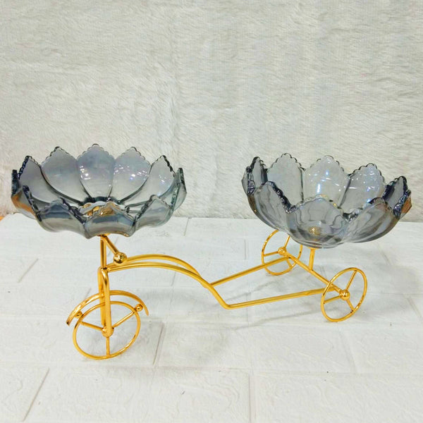 AM6273 Elegant Twin Glass Bowl with Golden Tricycle Stand – Decorative Serving Set
