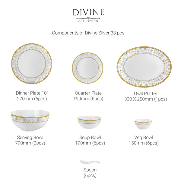 AM5753 Cello Opalware Divine Infinity Dinner Set, 33 Units | Microwave & Dishwasher Safe | Light-Weight & Thermal Resistant | Crockery Set for Dining & Gifting