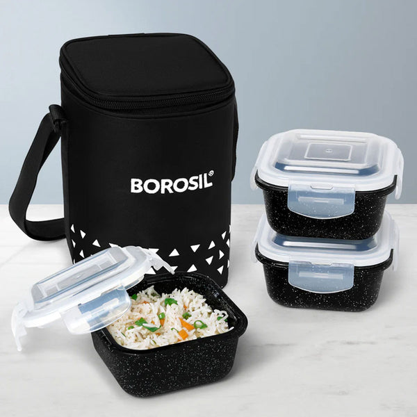AM6189 Borosil Kube Black Glass Lunch Box, Square x 3 (Tall), Set of 3, 320ml