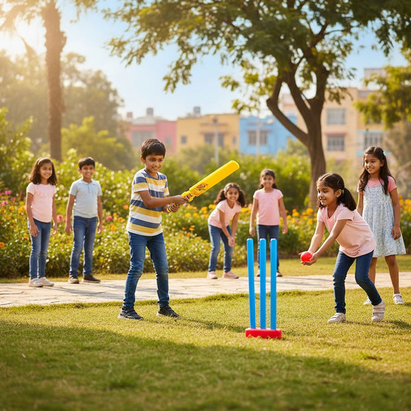 AM6515 Plastic Cricket Set for Kids - No.3 (Bat, 2 Balls, 3 Wickets, Stand Base) - Ages 4+