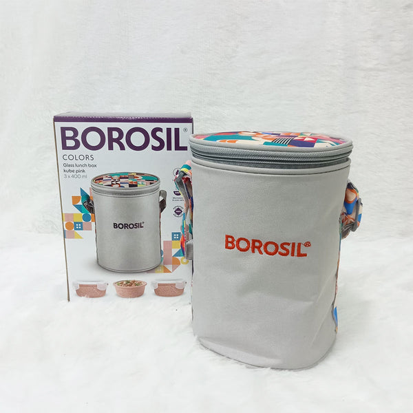 AM6188 Borosil Kube Pink Glass Lunch Box, Round x 3 (Tall), Set of 3, 400ml