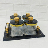 Di0165 Rishabh Cosmos Set of 4 Multipurpose Jars with Marble-Look Tray & Golden Lids