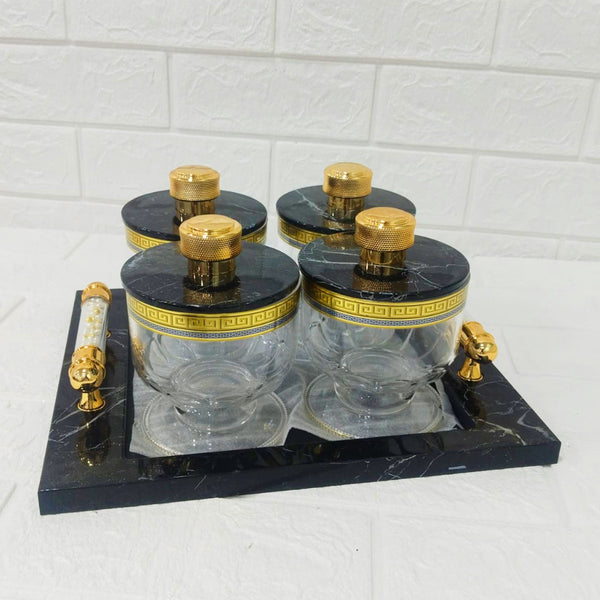 Di0165 Rishabh Cosmos Set of 4 Multipurpose Jars with Marble-Look Tray & Golden Lids