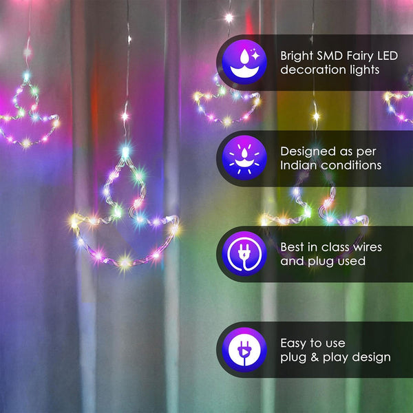 Di0069 10 Fairy Diya LED Curtain String Lights with Flashing Modes - 5x5 (Multicolour)