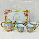 AM6280 Elegant Floral Blue & Gold Ceramic Tea Set with Teapot and 4 Cups – Premium Vintage Design