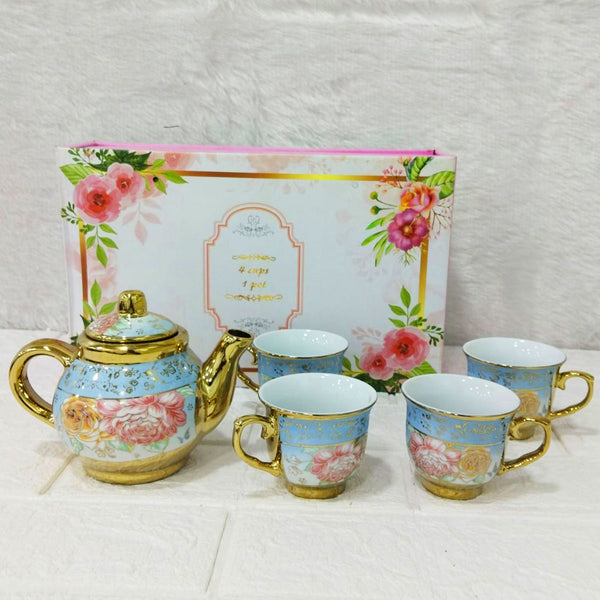 AM6280 Elegant Floral Blue & Gold Ceramic Tea Set with Teapot and 4 Cups – Premium Vintage Design