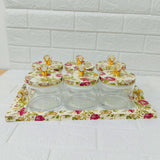Di0167 Rishabh Super Antique Deluxe Multipurpose 6-Piece Container Set with Tray – Heavy Acrylic Jars with Floral Design & Diamond Knob Lids