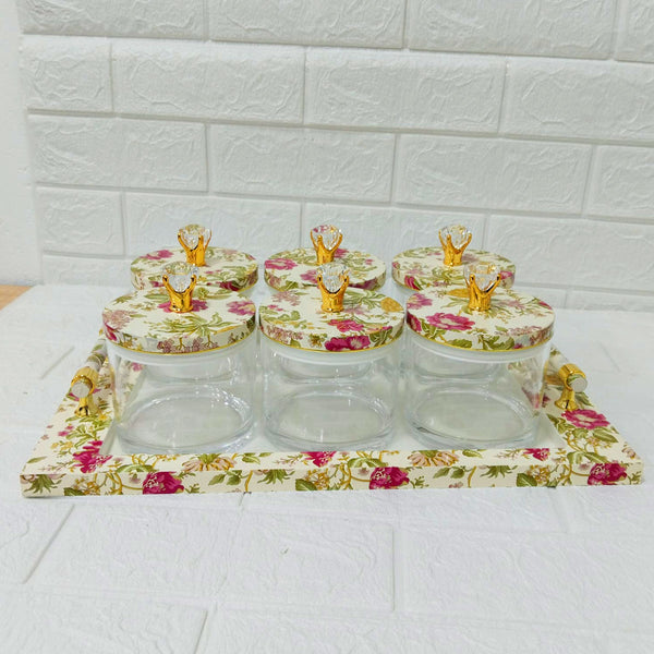 Di0167 Rishabh Super Antique Deluxe Multipurpose 6-Piece Container Set with Tray – Heavy Acrylic Jars with Floral Design & Diamond Knob Lids