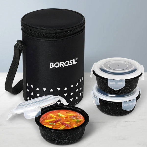 AM6187 Borosil Kube Black Glass Lunch Box, Round x 3 (Tall), Set of 3, 400ml