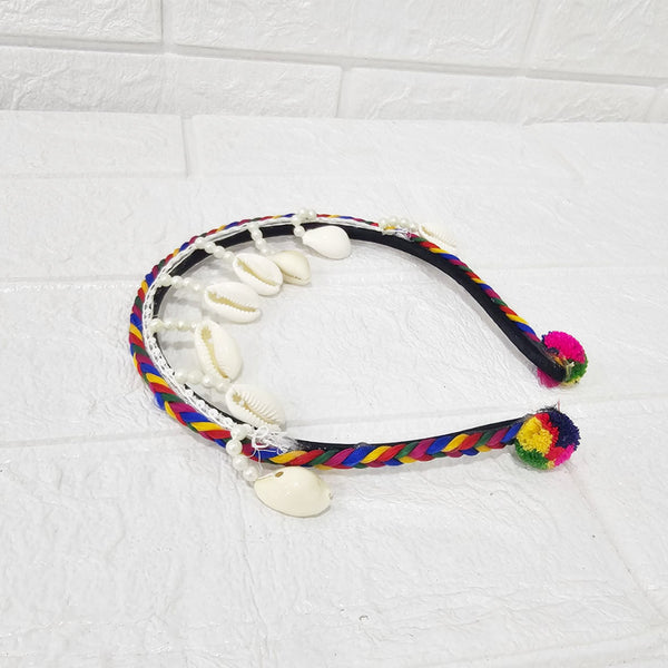Di0042 Navratri MIx Design Colorful Braided Hairband with Cowrie Shells & Pom-Pom Ends
