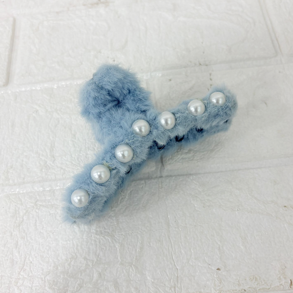AM6377 Fuzzy Mix Colour hair claw clip with pearl accents - 1pc