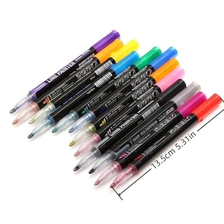 AM2445 Outline Marker Pen Metallic Dual Colour HMC-9031 Double Line Paint Permanent Marker Pens Waterproof 12Pcs Multicolour