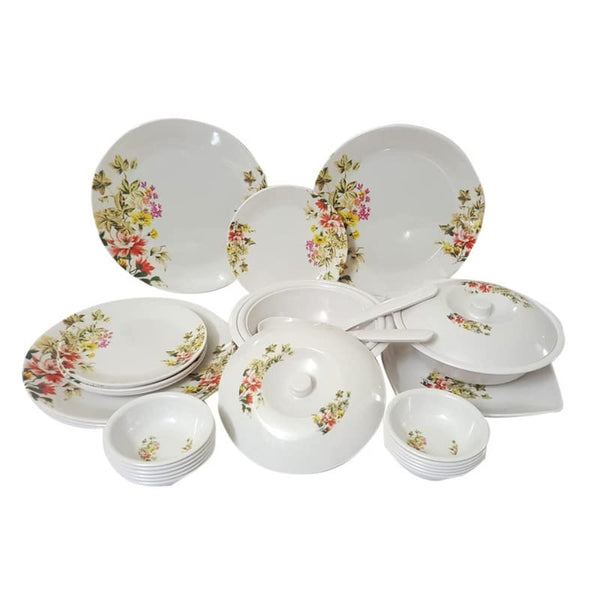 AM0466 Vihan dinner set Light Weight Dinner Set of 32 pcs 6 Full Plates,6 Quarter Plates,12 Veg Bowls,2 Serving Bowl with 3 lids,1 Serving Spoons and,2 Other Spoon