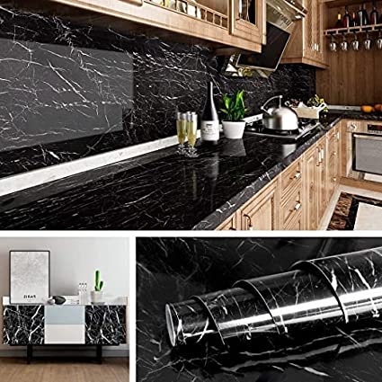 3380 Marble  Foil Kitchen Stickers Oil-Proof Waterproof Self Adhesive Wallpaper PVC Bathroom Wall Stickers Contact Paper Marble (60 x 200cm, Black)