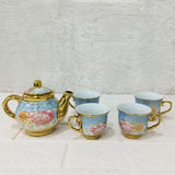 AM6280 Elegant Floral Blue & Gold Ceramic Tea Set with Teapot and 4 Cups – Premium Vintage Design