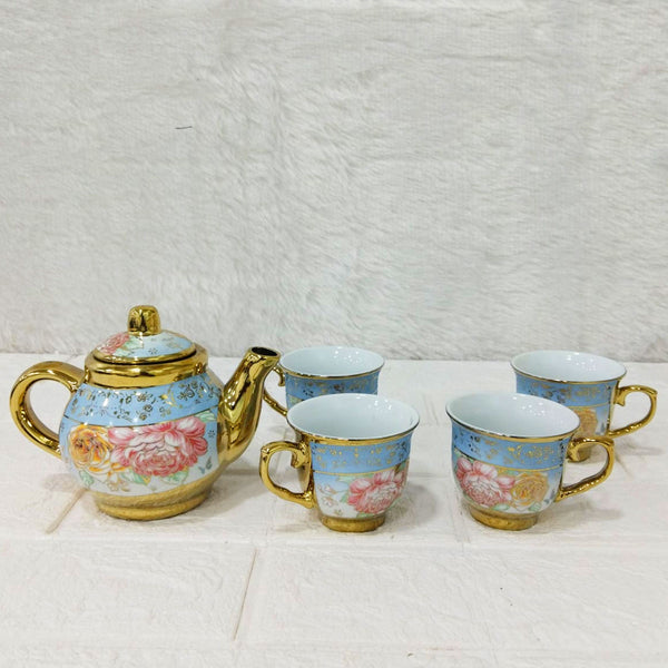 AM6280 Elegant Floral Blue & Gold Ceramic Tea Set with Teapot and 4 Cups – Premium Vintage Design