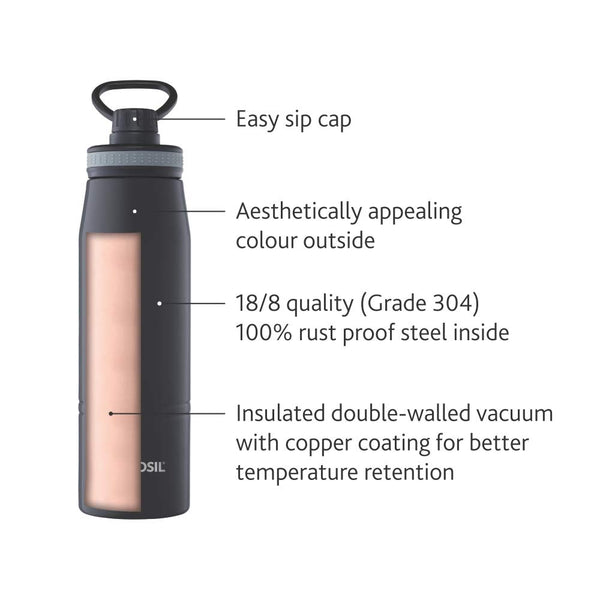 AM2981 Borosil Hydra GoSports 600 ml Stainless Steel Wate Bottle | Double Wall Vacuum Insulated Flask, Black