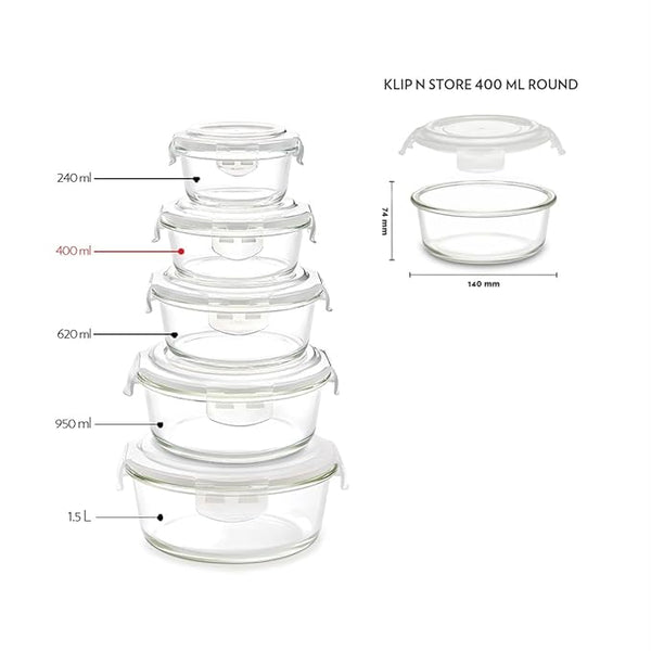 AM3702 Borosil Round 400ml Glass Storage Container For Kitchen 1 Pcs