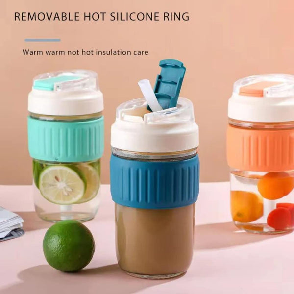 AM5248 Coffee Cup Travel Mug with Lid and Straw, Leak Proof Coffee Tumbler with Silicone Sleeve Band ,500ml