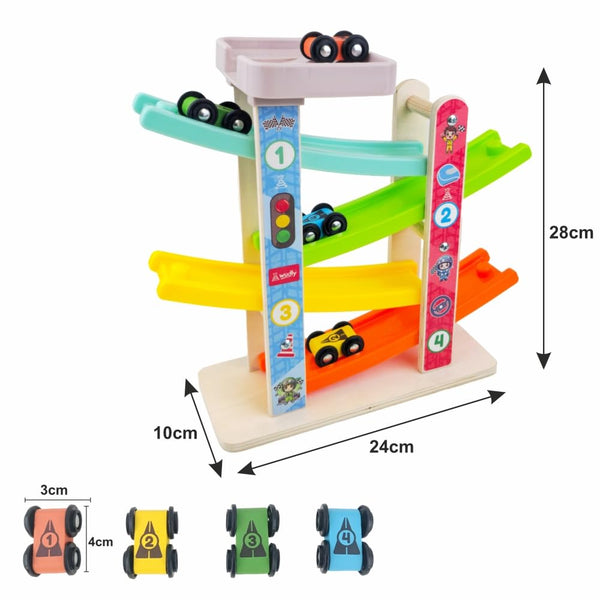 A07123 Wooden Car Ramp Racer with 4 Mini Racing Cars and Parking Top