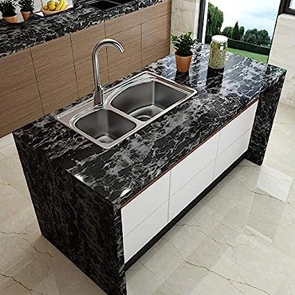 3380 Marble  Foil Kitchen Stickers Oil-Proof Waterproof Self Adhesive Wallpaper PVC Bathroom Wall Stickers Contact Paper Marble (60 x 200cm, Black)