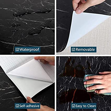 3380 Marble  Foil Kitchen Stickers Oil-Proof Waterproof Self Adhesive Wallpaper PVC Bathroom Wall Stickers Contact Paper Marble (60 x 200cm, Black)