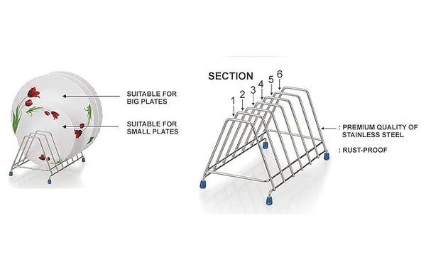 3762 Stainless Steel Plate Stand For Kitchen - 6 Sections