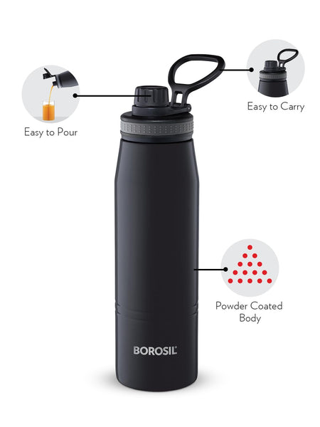 AM2982 Borosil Hydra GoSports 900 ml Stainless Steel Wate Bottle | Double Wall Vacuum Insulated Flask, Black