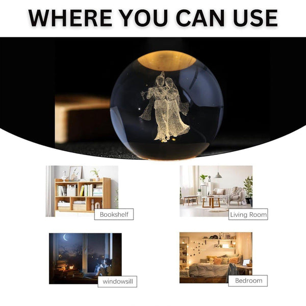 AM5923 3D Radha Krishna Crystal Ball Night Light with Wooden Base, Aesthetic Clear LED Lamp