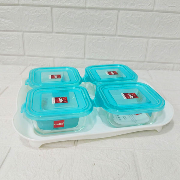 Di0244 Cello Arista 5-Piece Tray Set - 4 Glass Square Containers with Lids & Serving Tray - 320ml Each