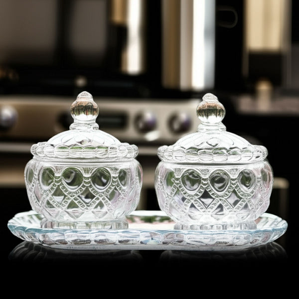 AM5971 Vintage Style Crystal Glass Candy Sugar jar Serving Bowl with Tray, Clear - Set of 3 Pcs