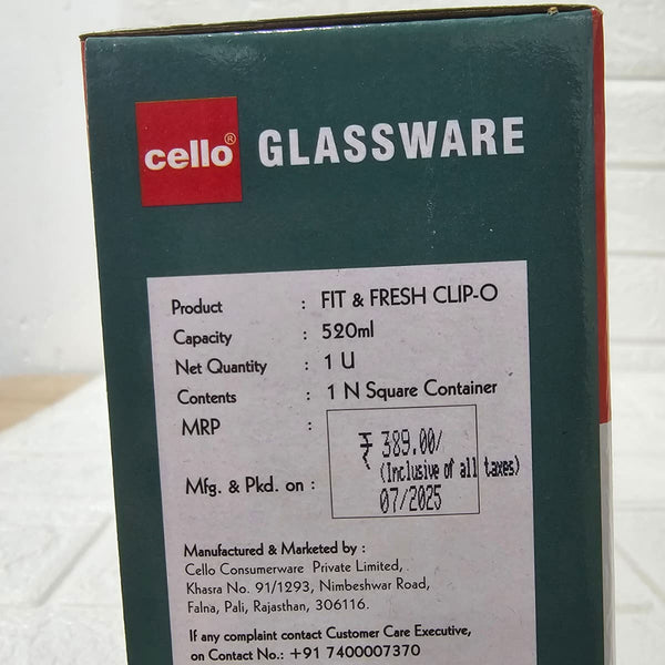 Di0005 Cello Fit & Fresh Clip-O Square Glass Storage Container - 520ml