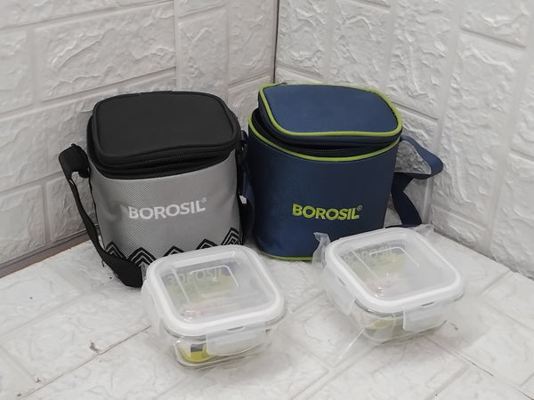 AM3696 Borosil 320ml Square Lunch Box with Bag Set of 2