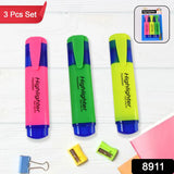 8911 Highlighter Pen, Assorted Colours Water Based Broad Tip Writing Marker (3 Pcs Set)