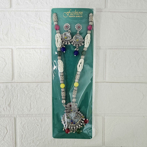 Di0047 Navratri Intricate Oxidized Silver Floral & Jali Necklace with Beaded Earings