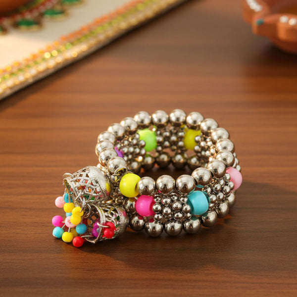 Di0215 Little Girl's Oxidized Silver Bracelet with Multicolor Beads & Jhumki Charms
