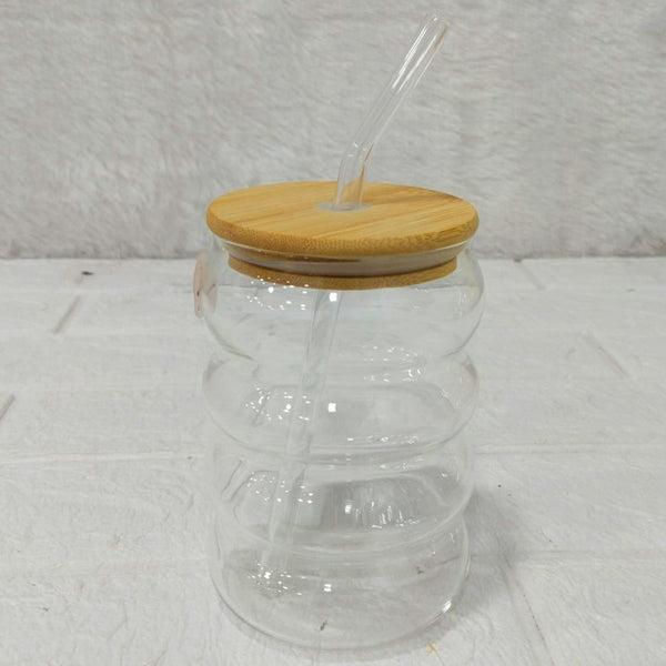 AM6279 Stylish High Borosilicate Glass Honey Jar with Wooden Dipper and Lid (550 ml) – 1 Pc