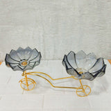 AM6273 Elegant Twin Glass Bowl with Golden Tricycle Stand – Decorative Serving Set