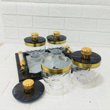Di0165 Rishabh Cosmos Set of 4 Multipurpose Jars with Marble-Look Tray & Golden Lids