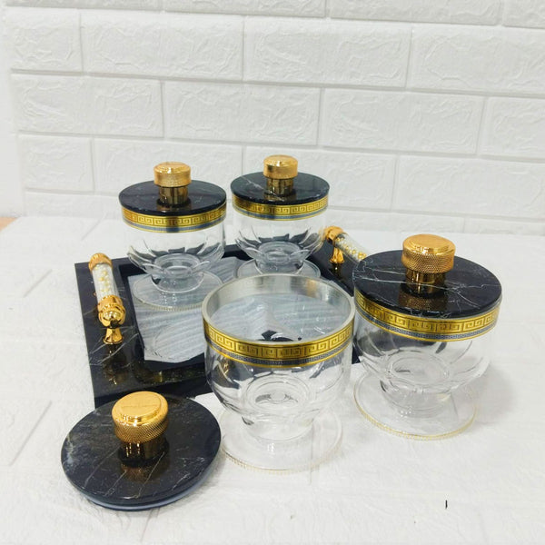 Di0165 Rishabh Cosmos Set of 4 Multipurpose Jars with Marble-Look Tray & Golden Lids