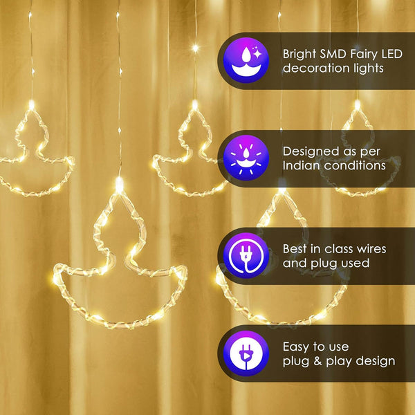Di0068 10 Fairy Diya LED Curtain String Lights with Flashing Modes - 5x5 (Warm)