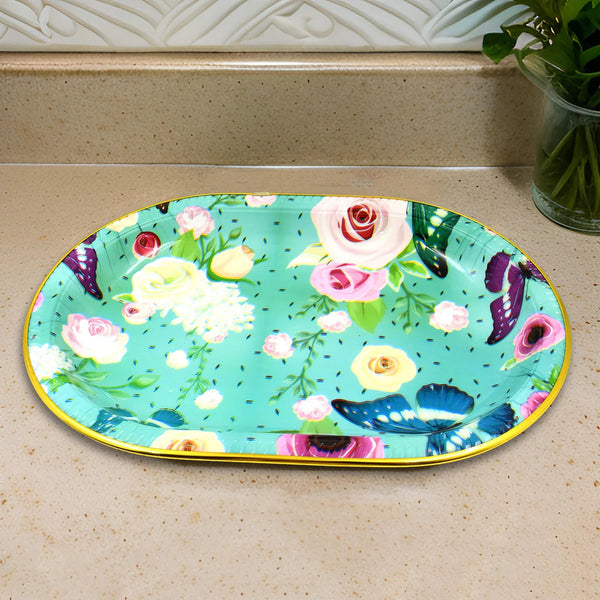 10146 Plastic Flower Printed Design Serving Tray (3 Pcs Set / Mix Color)