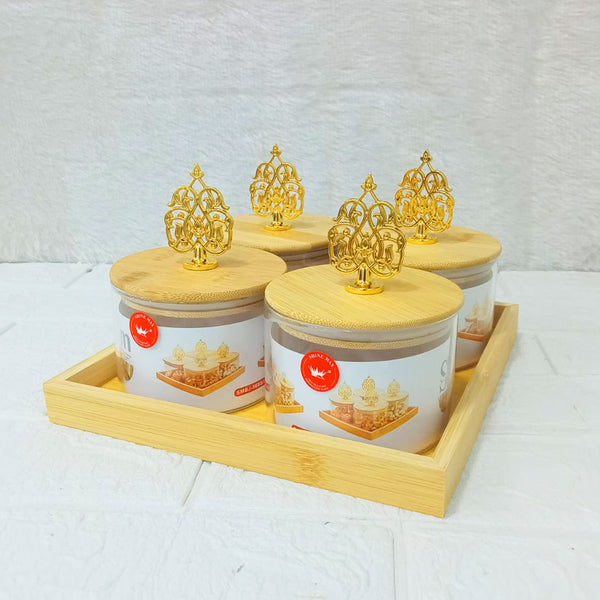 AM3723 Glass Container Jar Bowl With Wooden Deer Lids And Tray 4+1Pcs