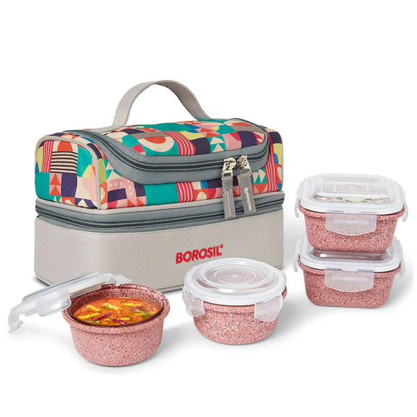 AM6192 Borosil Kube Pink Universal Glass Lunchbox, 320ml x 2 + 240ml x 2