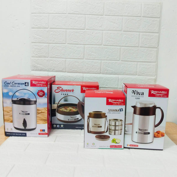 Di0192 Rishabh Small Multipurpose Thermo-Steel 4-Piece Set - Insulated Water Jug, Hot Pot, Lunch Box, and Coffee Pot
